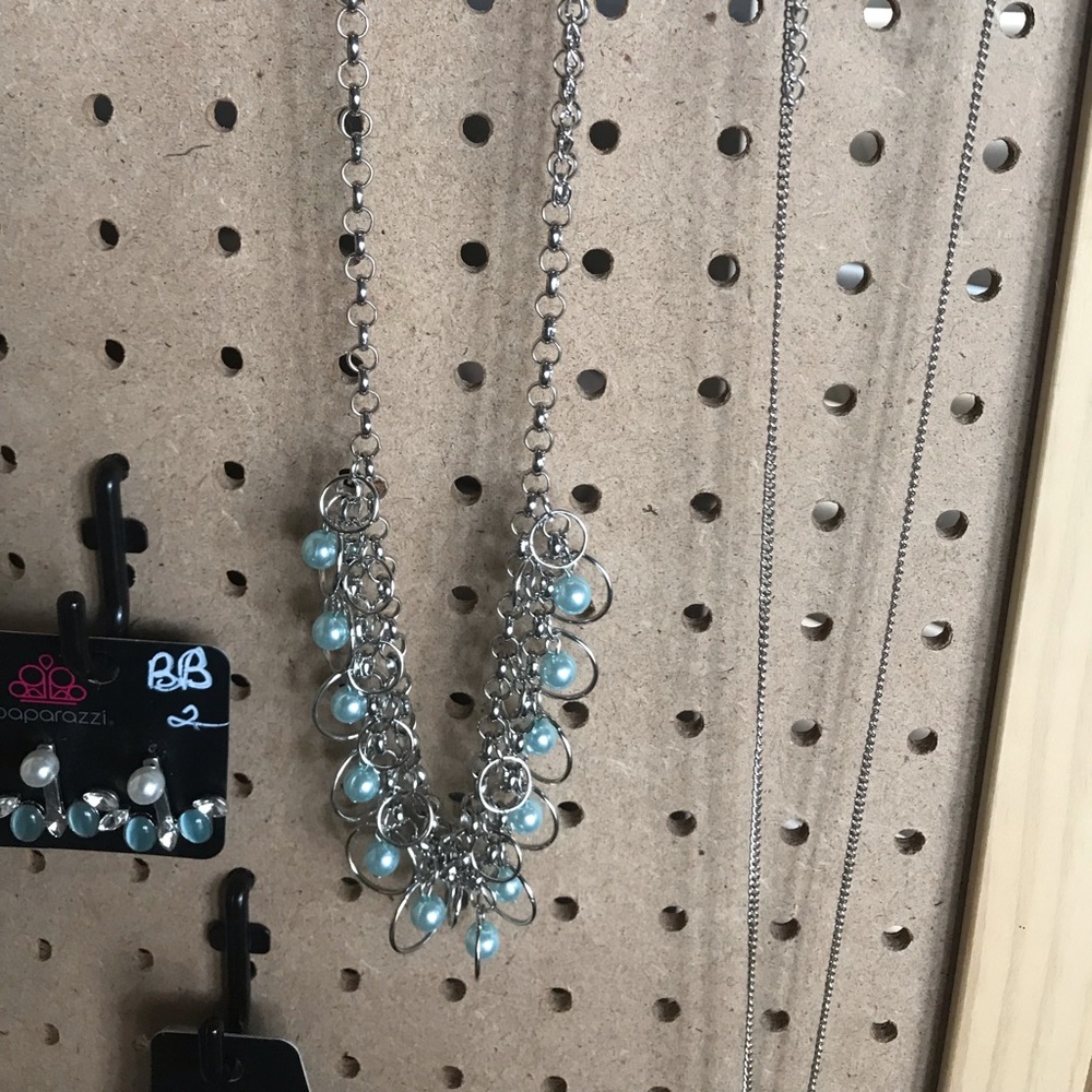 Silver chain necklace w/hoops & baby blue pearls